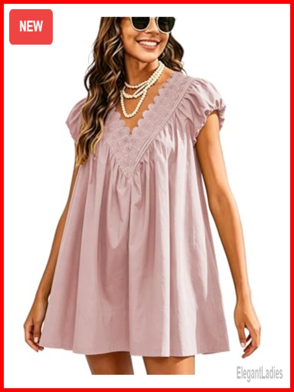 Womens Babydoll Mini Dress V Neck Puff Sleeve A Line Cotton Sundress